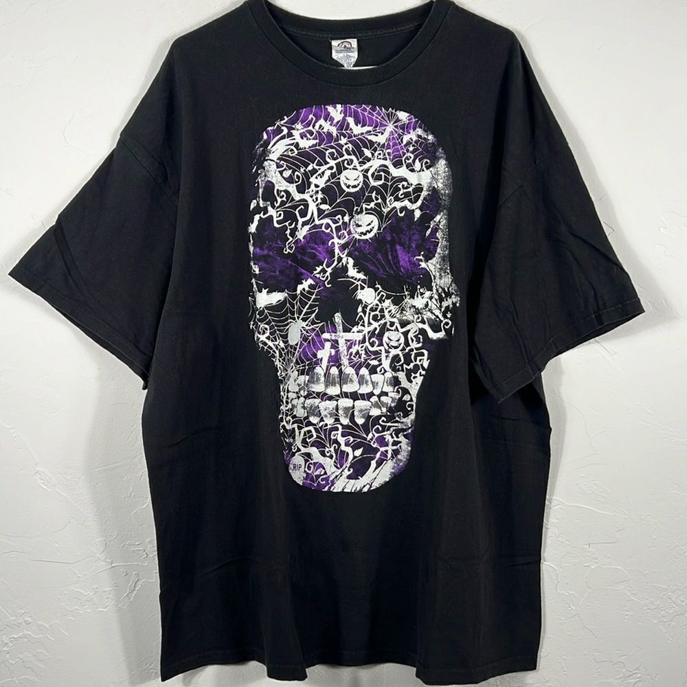 🔥💀‎ Vintage Y2K Skull Halloween T-Shirt Black Purple Men Sz 3XL - EUC